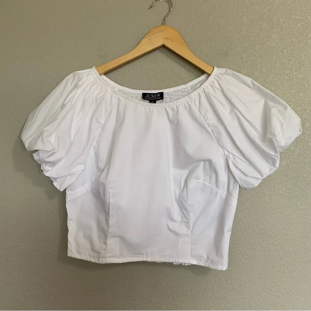 J Crew Size 10 White Cropped Fitted Puff Sleeve Blouse Top  Smocked Back NWT - Picture 3 of 17